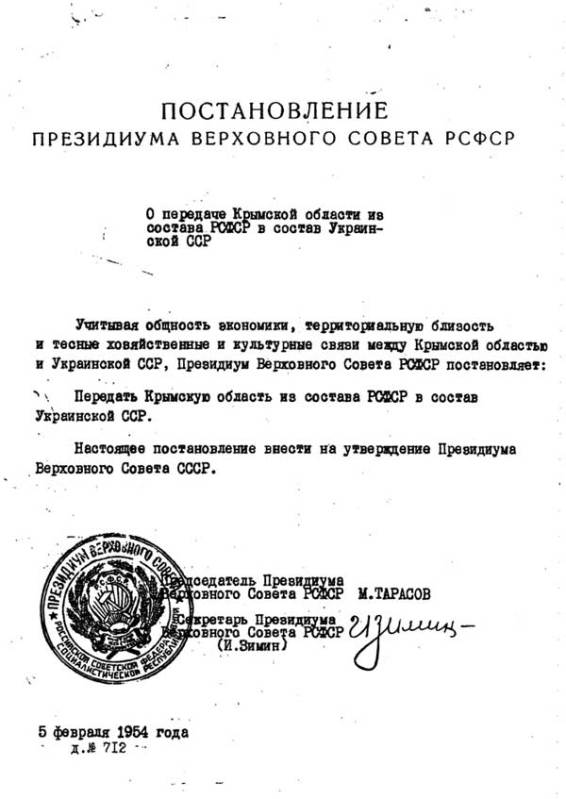 Постановление Президиума Верховного совета РСФСР о передаче Крыма 1954 г.